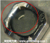 使用錫(Sn)鍍層的電源電感器(Power Inductors)，經(jīng)過推力測試后，其焊點還保留在零件的端點上，所以推力比較高。