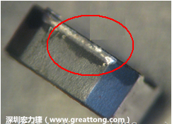 使用錫(Sn)鍍層的電源電感器(Power Inductors)，經(jīng)過推力測試后，其焊點還保留在零件的端點上，所以推力比較高。