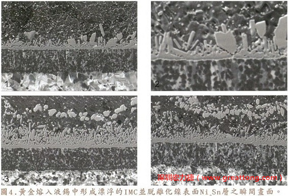 下面四張圖片為放大4500倍的SEM圖像，說明在回流焊爐熱量不足的情況下，黃金成份正要從鎳層分離融入焊錫之中的瞬間，當(dāng)零件遭受外力沖擊的時(shí)候就極有可能從這一整排AuSn、、AuSn2或AuSn4的IMC處裂開。