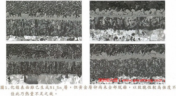 下面四圖顯示，當(dāng)焊接的熱量不足或未持續(xù)時(shí)，雖然Ni3Sn4的薄薄IMC層已經(jīng)生成而焊牢，但也會(huì)因?yàn)锳uSn及AuSn2還未來得及逸走，而停留在共金介面附近，當(dāng)有外力拉扯的時(shí)候，就很容易斷裂開來。這就是為何ENIG的焊點(diǎn)強(qiáng)度，始終不如銅面焊點(diǎn)(Cu6Sn5)來得更為牢固的主因之一。