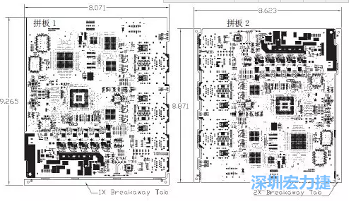 如圖7所示是使用不同數(shù)量邊條的拼板，拼板1僅使用了一個邊條，直接利用PCB另一邊作為SMT工藝傳送邊，并且PCB圖形中有合適的安裝孔；而拼板2則是按常規(guī)設(shè)計了兩個邊條。拼板方式為連接筋。圖中“Breakaway Tab”指邊條-深圳宏力捷