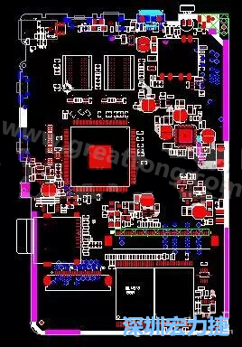 上圖是一個開發(fā)板的PCB，從布局中可以看出各個接口電路分離很明確，SDRAM和DDR以及SD卡接口電路等走線不會造成相互的干擾。-深圳宏力捷