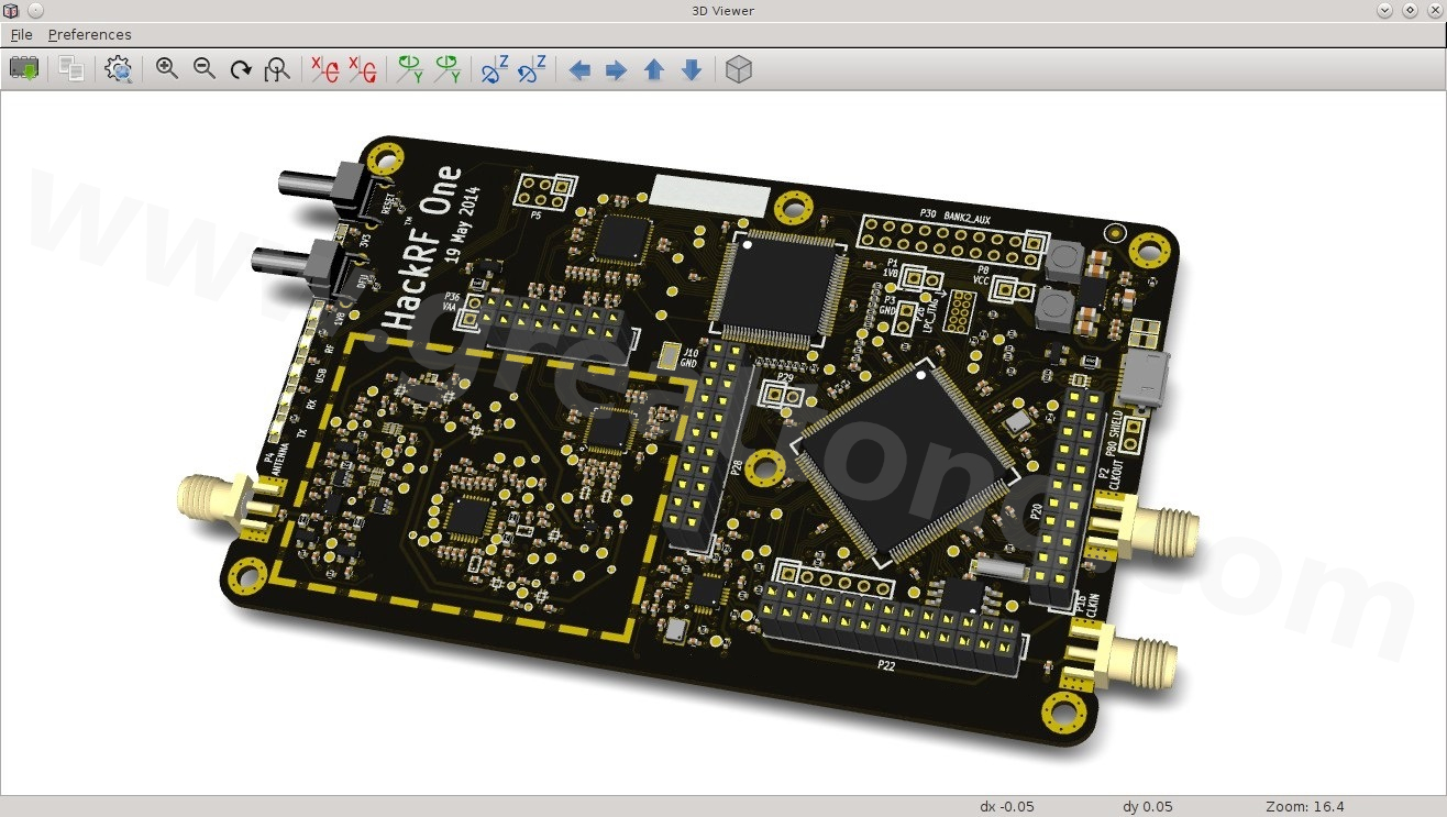 經(jīng)KiCad軟體3D功能渲染過的HackRF One電路板。