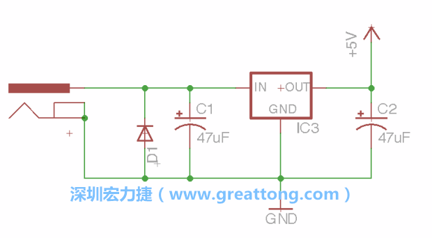 新增RBBB→Power_Jack，將它放在電壓調(diào)整器的輸入端旁邊。