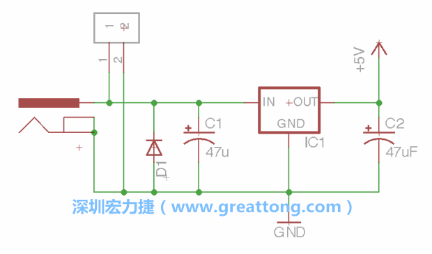 2.5.    新增一個二極體，它會以水平的狀態(tài)出現(xiàn)在屏幕上，請使用「旋轉(zhuǎn)（Rotate）」工具把它負極那一面朝上，并且用「網(wǎng)絡(luò)連接」工具將它連接在電壓調(diào)整器的輸入端和接地端之間。