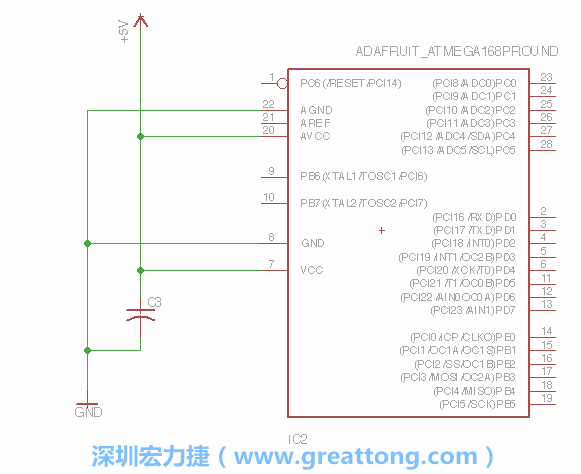3.1.    新增微控制器晶片（RBBB → ATmega），把它放在電路原理圖的中央附近，把它的兩個接地接頭連接到接地訊號端。