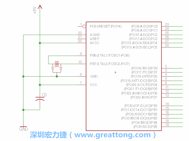 3.2.    在靠近ATmega的電源供應(yīng)針腳7的位置放置一個0.1μF的電容，將它分別連接電源、接地端和針腳7。