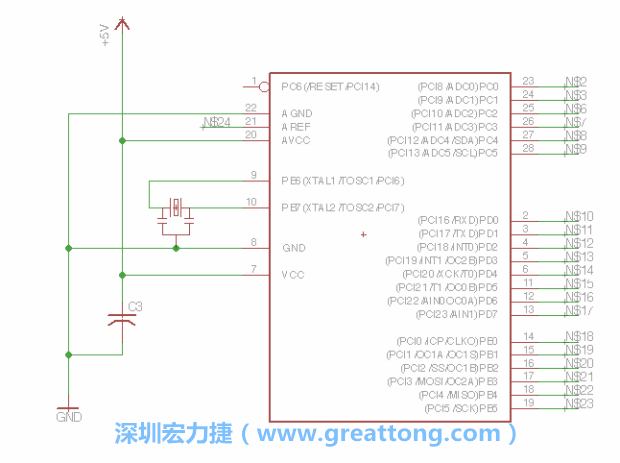 3.3.    將共鳴器（resonator）放置在針腳9和針腳10附近，將它的三個針腳連接如圖所示，并確認最中間的針腳有連到接地端。
