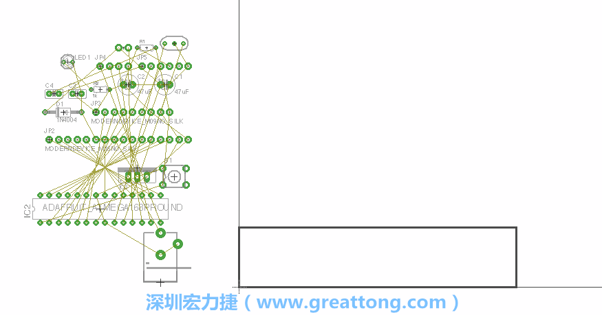 第一次執(zhí)行布線編輯器時(shí)，你會(huì)發(fā)現(xiàn)有兩個(gè)區(qū)塊，左邊的區(qū)塊非?；靵y，而右邊的區(qū)塊則是一個(gè)長(zhǎng)方形的工作區(qū)域，EAGLE免費(fèi)版會(huì)限制你的工作區(qū)域在4” x 3.2”的范圍內(nèi)，如果你試圖將元件擺放在工作區(qū)外的話，就會(huì)跳出警示訊息。