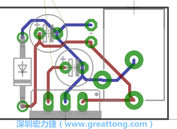 接地連結(jié)點(diǎn)的布線情形如下圖所示，利用這個(gè)練習(xí)來(lái)避免電路連線銳角化的產(chǎn)生是一個(gè)不錯(cuò)的選擇，你可以在工具列中的彎曲線路（Wire Bend）選項(xiàng)里改變各種布線的變化。