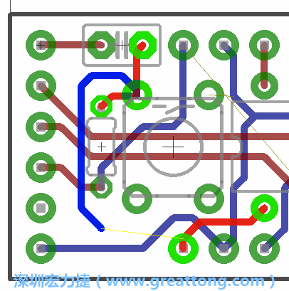 要在電路板正面進(jìn)行+5V信號(hào)線連結(jié)和其他連結(jié)點(diǎn)的布線工作是非常容易的，而重置信號(hào)線（信號(hào)線用來(lái)連結(jié)電路板正面左邊的重置開(kāi)關(guān)）需要經(jīng)過(guò)一個(gè)可以通過(guò)電路板正反兩面的電路通道，這個(gè)通道是一個(gè)可以讓電路板正反兩面線路連接的一個(gè)小孔。