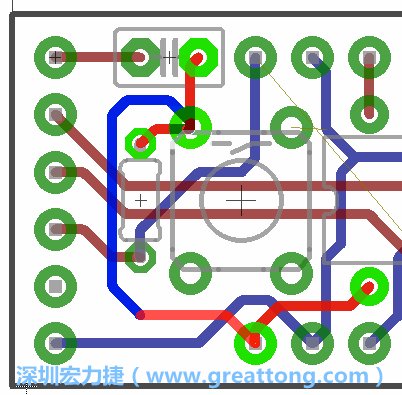 為了要?jiǎng)?chuàng)造一個(gè)電路通道，首先要先點(diǎn)擊重置開(kāi)關(guān)的連結(jié)點(diǎn)進(jìn)行布線，在電路板的背面繪制線路直到其它線路前的乾淨(jìng)區(qū)域。