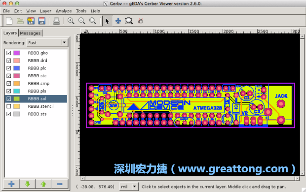 將圖層匯入你的Gerber預(yù)覽工具內(nèi)（下圖為Gerbv），我通常會(huì)從上到下重新排列它們的順序，好讓我比較好校對(duì)：