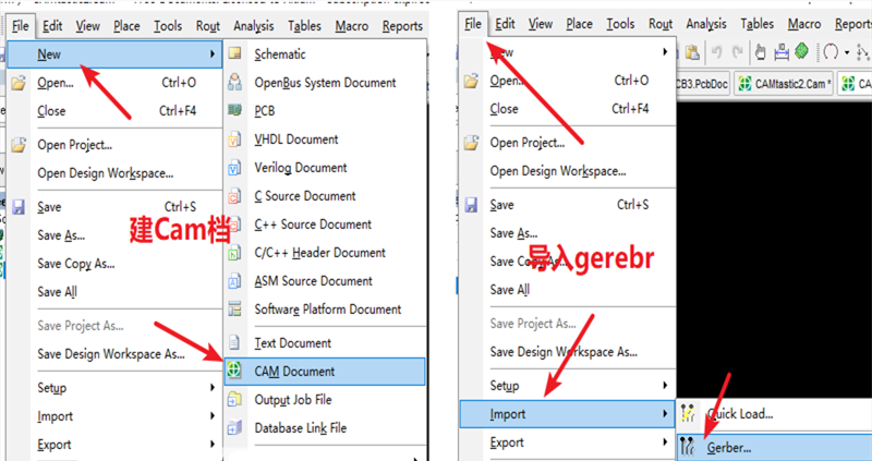 在File下新建 Cam檔，建后再File下導(dǎo)入Gerber文件，選擇所有文件導(dǎo)入gerber。