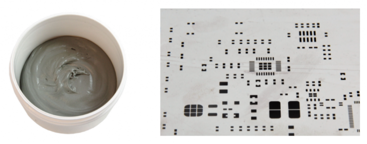焊膏（左），PCB模板激光切割孔（右）